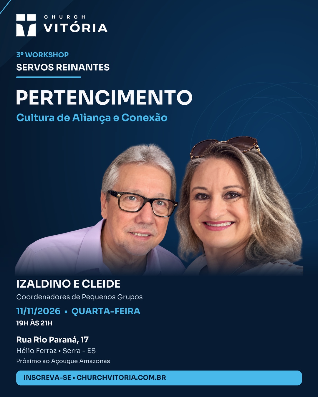 Convite para o 3º Workshop Servos Reinantes com Izaldino e Cleide, em 11 de novembro, das 19h às 21h